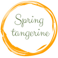 The logo consists of the word Spring , below the word "spring", there is a word "tangerine". Both words are in cursive font in olive green color. Both words are inside the orange circle. The circle consists of several elements imitating brush strokes. 